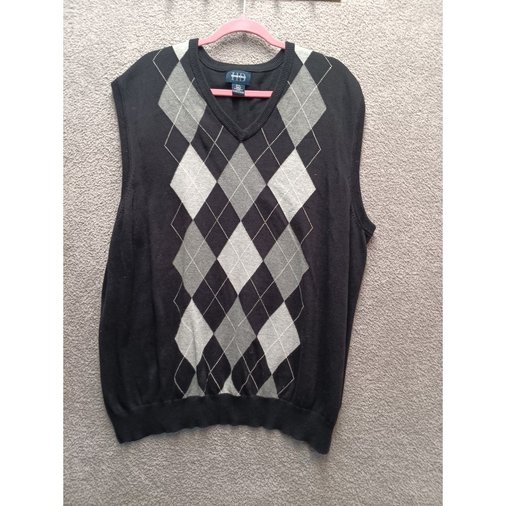 Harbor Bay‎ Argyle Sweater Vest Mens 1XL Black Gray Preppy Cotton Golf Classic